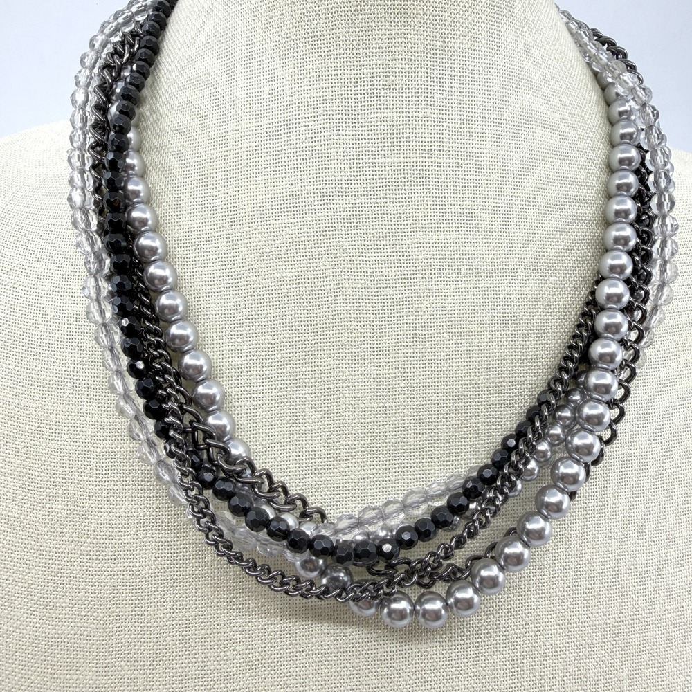 Gunmetal Multi Strand Necklace Grey Black Beaded Layered Gothic
